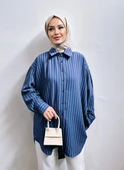 VıoShıne Kadın Düğmeli Çizgili Keten Gömlek Tunik - 1