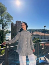 VıoShıne Kadın Çizgili Bürümcük Keten Gömlek Tunik - 9