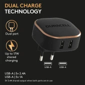 Duracell 17W Telefon / Tablet Şarj Başlığı 2xUSB 5v/3.4A - Siyah - 5