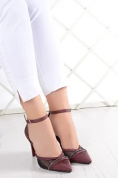 Erkan Saçmacı Kaylee Bordo Saten Fileli Taşlı Stiletto thumbnail 3