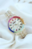 Clariss Trend Gold Metal Kordonlu Zirkon Taş Kaplama Renkli Taşlı Kasa Tasarımlı Lüx Kadın Kol Saati - 1