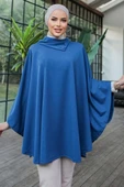 Düğme Detaylı Şık Tasarımlı Mavi Şal Yaka Panço thumbnail 1