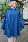 Düğme Detaylı Şık Tasarımlı Mavi Şal Yaka Panço thumbnail 3