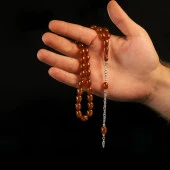 Kahverengi Sıkma Kehribar 925 Ayar Gümüş Püsküllü Tesbih thumbnail 1