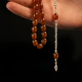 Kahverengi Sıkma Kehribar 925 Ayar Gümüş Püsküllü Tesbih thumbnail 2