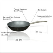 Büyük 28 cm Granit Yanmaz Yapışmaz Yüzeyli Paslanmaz Çelik Saplı Vog Vok Wog Wok Kavisli Eğimli Tava - 2