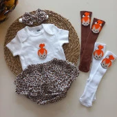 MARS BABY Kız Bebek Leopar Çakıl Fırfır Şort Etek Bodyli Bandana Çorap Takımı - 1
