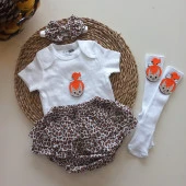MARS BABY Kız Bebek Leopar Çakıl Fırfır Şort Etek Bodyli Bandana Çorap Takımı - 2