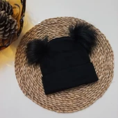 MARS BABY Kız Bebek Çocuk Düz Siyah Çift Ponponlu Bere - 1