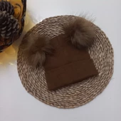 MARS BABY Kız Bebek Çocuk Düz Taba Kahverengi Çift Ponponlu Bere - 1