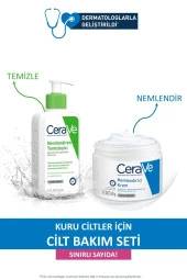 CeraVe Kuru Ciltler Için Cilt Bakım Seti; Nemlendiren Temizleyici 236 ml Nemlendirici Krem Kavanoz 340 G - 5