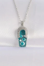 316L Çelik Zincir Zirkon Taşlı Gümüş Renk Nazarlı Terlik Tasarımlı Kolye - EBJ240601W24641 thumbnail 1