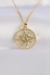 316L Çelik Zincir Altın Renk Zirkon Taşlı Oval Tasarım Güneş Kolye - EBJ240601W24629 thumbnail 1