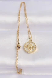 316L Çelik Zincir Altın Renk Zirkon Taşlı Oval Tasarım Güneş Kolye - EBJ240601W24629 thumbnail 2