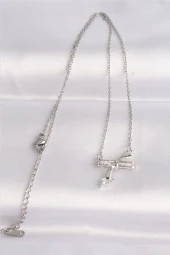 316L Çelik Zincir Gümüş Renk Zirkon Taşlı Kalp Detay Fiyonk Kolye - EBJ240601W24597 thumbnail 2