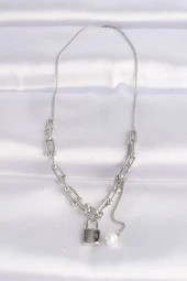 316L Çelik Zincir Gümüş Renk Tiffany Zincirli Love Yazılı Kilit Kolye - EBJ240601W24609 thumbnail 2