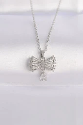 316L Çelik Zincir Gümüş Renk Zirkon Taşlı Kalp Detay Fiyonk Kolye - EBJ240601W24578 thumbnail 1