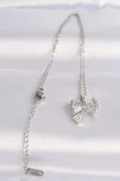 316L Çelik Zincir Gümüş Renk Zirkon Taşlı Kalp Detay Fiyonk Kolye - EBJ240601W24578 thumbnail 2