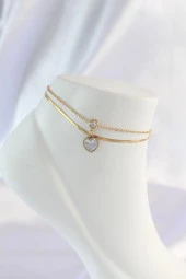 316L Çelik Gold Renk Zirkon Taşlı Kalp Tasarımlı 2li Halhal - EBJ240601W24480 - 1