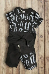 Eskitme Desenli Siyah Renk Erkek Çocuk Şortlu Takım - 1