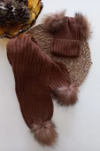 MARS BABY Kız Erkek Unisex Bebek Çocuk Taba Kahverengi Ponponlu Atkı Bere Takımı - 1