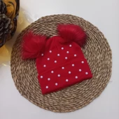 MARS BABY Kız Bebek Çocuk İncili Kırmızı Çift Ponponlu Bere - 1