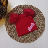 MARS BABY Kız Bebek Çocuk Barbie Figürlü Kırmızı Çift Ponponlu Bere - 1