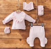 Yakası Dantelli Kız Bebek Zıbın Set 5 Parça - 7