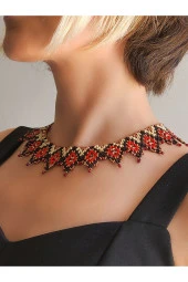Etnik Bohem Yaka Kilim Çiçek Model Kum Boncuk Kolye El Yapımı - 1