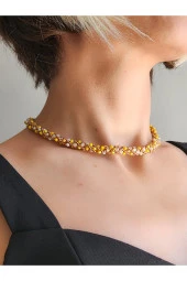 Etnik Bohem Sarmal Dönmeli Model Kristal Sarı Kristal Boncuk Kolye - 1
