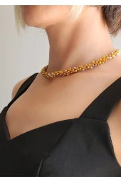 Etnik Bohem Sarmal Dönmeli Model Kristal Sarı Kristal Boncuk Kolye - 2