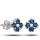 Gümüş Yonca Çivili Mavi Taşlı Çocuk Küpe - 2