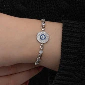 ​925 Ayar Gümüş Baget Taşlı Nazar Kadın Bileklik thumbnail 4