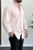 Erkek Slim Fit Keten Görünümlü Pamuklu Gömlek Pembe Edw087 - 2