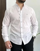 Erkek Slim Fit Düğme detaylı Keten Görünümlü Pamuklu Gömlek Beyaz Edw086 - 1