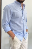 Erkek Slim Fit Düğme Detaylı Keten Görünümlü Pamuklu Gömlek Açık Mavi Edw086 - 1
