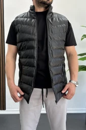 Erkek Slim Fit Fermuarlı Suni Deri Yelek Siyah Edw088 - 1