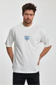 Erkek Oversize %100 Pamuk Üçgen Baskılı T-shirt Ekru Edw043 - 1