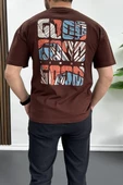 Erkek Oversize %100 Pamuk Good Vibes Sırt Baskılı T-shirt Kahverengi Edw091 - 1