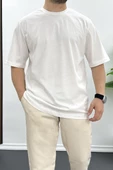 Erkek Oversize Pamuklu Basic T-shirt Ekru Edw089 - 1