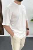 Erkek Oversize Pamuklu Basic T-shirt Ekru Edw089 - 2