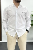 Erkek Slim Fit Keten Görünümlü Pamuklu Gömlek Beyaz Edw087 - 1