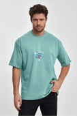 Erkek Oversize %100 Pamuk Üçgen Baskılı T-shirt Yeşil Edw043 - 1