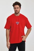 Erkek Oversize %100 Pamuk Üçgen Baskılı T-shirt Kırmızı Edw043 - 1
