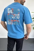 Erkek Oversize %100 Pamuk Good Vibes Sırt Baskılı T-shirt Mavi Edw091 - 1