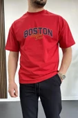 Erkek Oversize %100 Pamuk Boston Baskılı T-shirt Kırmızı Edw044 - 1