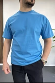 Erkek Oversize %100 Pamuk Good Vibes Sırt Baskılı T-shirt Mavi Edw091 - 2