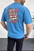 Erkek Oversize %100 Pamuk Spirit Sırt Baskılı T-shirt Mavi Edw093 thumbnail 1