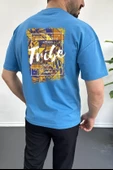 Erkek Oversize %100 Pamuk Tribe Sırt Baskılı T-shirt Mavi Edw094 thumbnail 1
