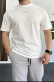 Erkek Oversize %100 Pamuk 1212 Baskılı T-shirt Ekru Edw105 - 1